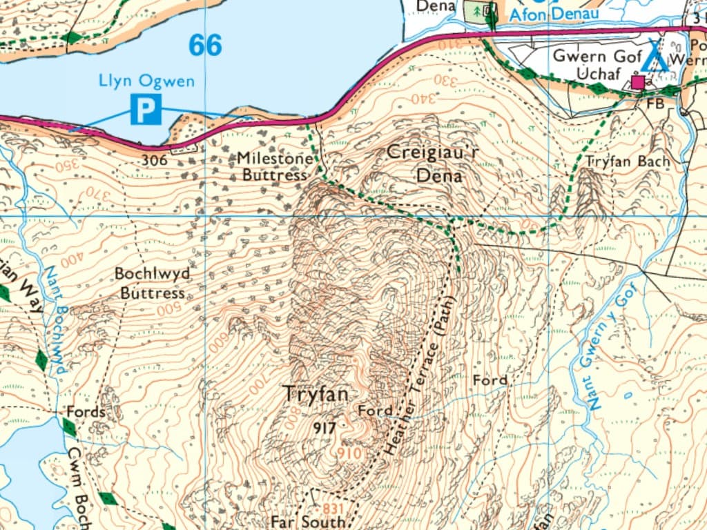 An Ordnance Survey map of Tryfan in Snowdonia